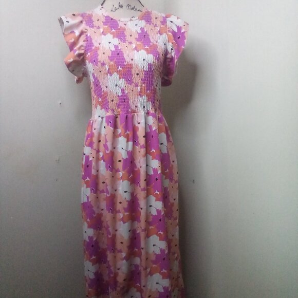 Michelle McDowell Dresses & Skirts - Michelle McDowell Dress Women M ? Short Ruffle Sleeve Smocked Floral Pink Orange